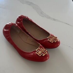 Tory Burch Red Leather Flats with Gold Logo